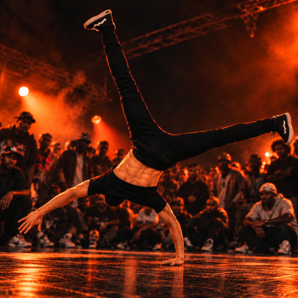 Freeze de B-Boying sous les projecteurs orange
