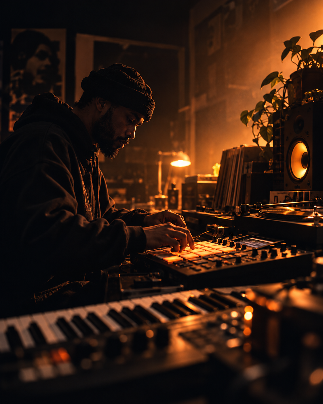 Beatmaker travaillant sur un sampleur en studio