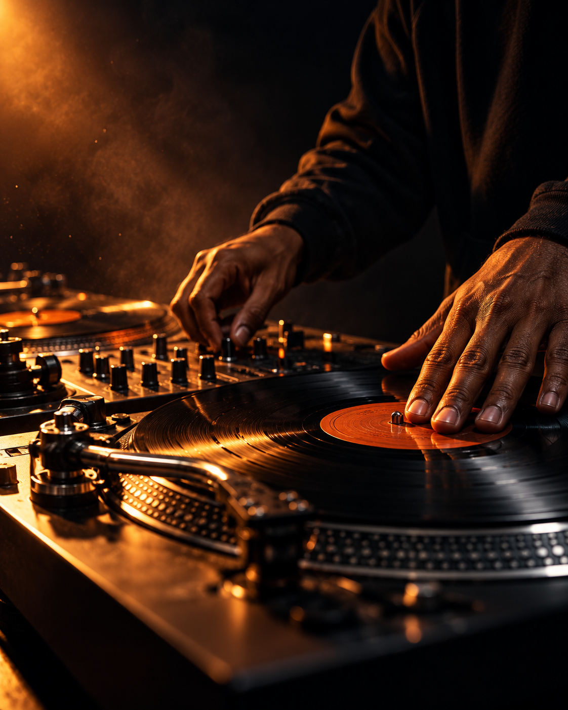DJ manipulant un vinyle et une table de mixage